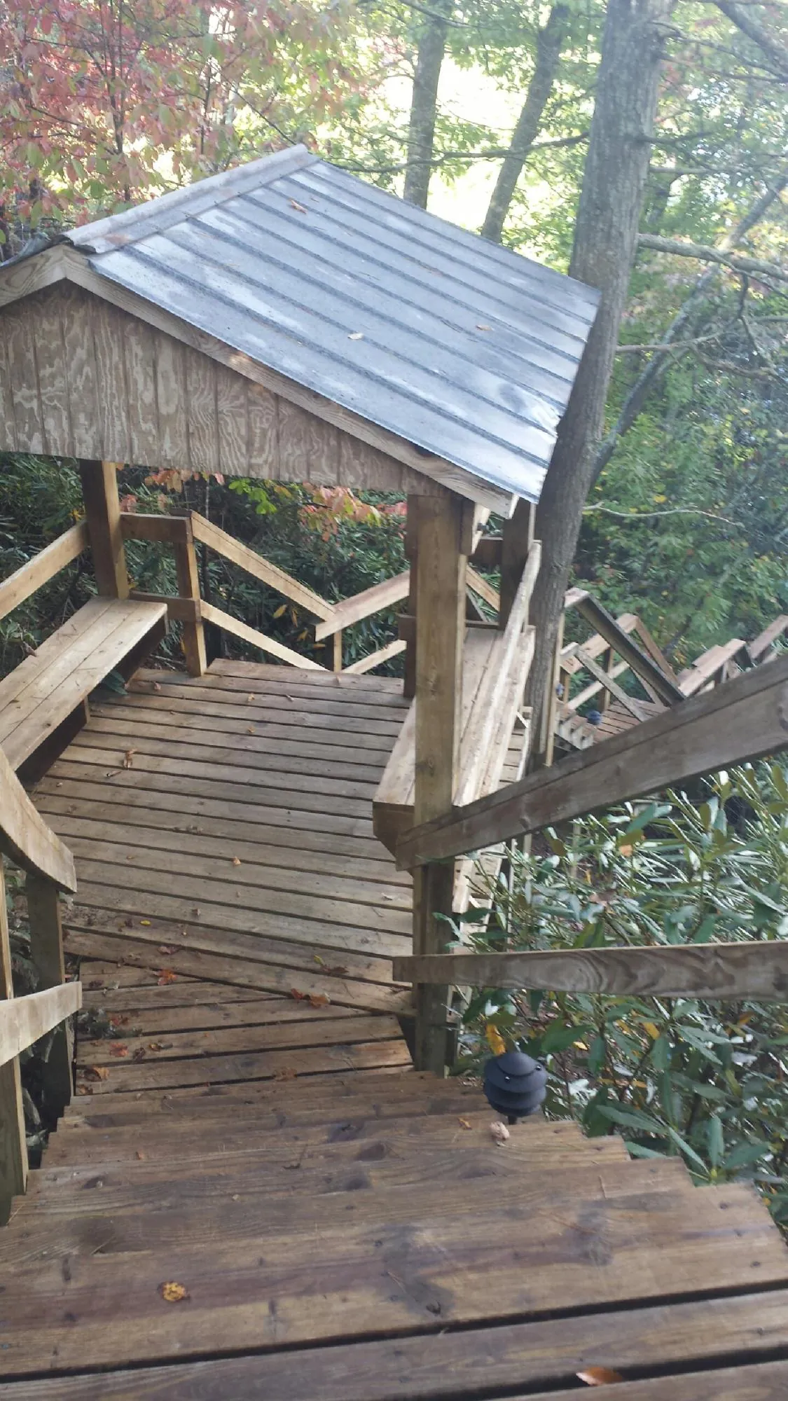 Metal roofed shelter over wooden steps on a wooded walkway — Skylight Repair & Installation work by our crew in Bailey